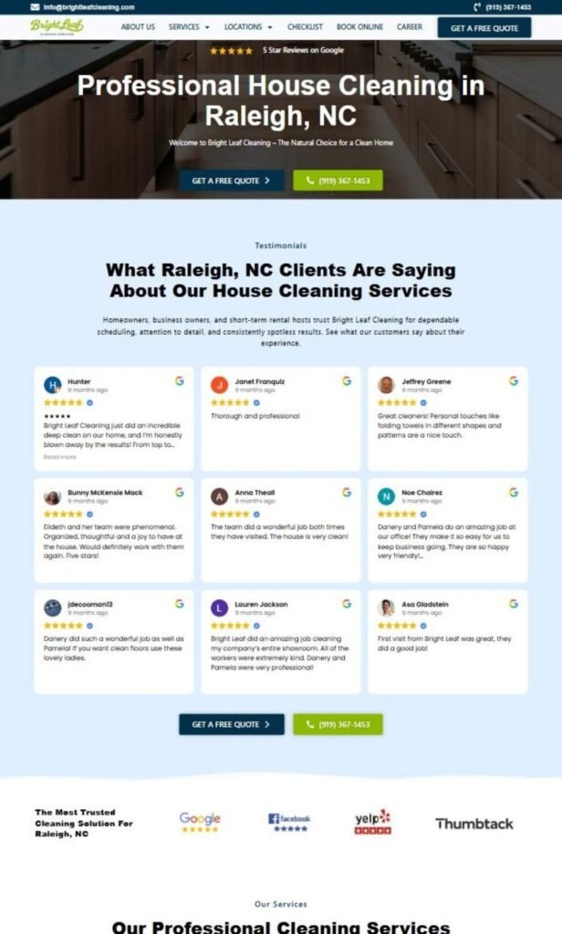 Bright Leaf Cleaning website designed and built by Awais Bukhari / Tech Arizon